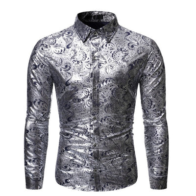 2019 New Men's Silk Satin Floral Printed Shirt Male Long Sleeve Slim Fit Print Casual Shirts Male Party Nightclub Shiny Tops