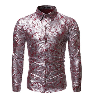 2019 New Men's Silk Satin Floral Printed Shirt Male Long Sleeve Slim Fit Print Casual Shirts Male Party Nightclub Shiny Tops