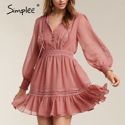 Simplee chiffon party polka dot dresses women latern sleeve lace vintage dress ruffles hollow out female dresses vestidos 2020