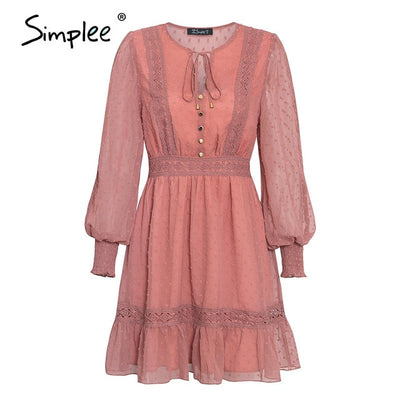 Simplee chiffon party polka dot dresses women latern sleeve lace vintage dress ruffles hollow out female dresses vestidos 2020