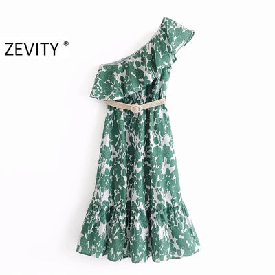 Zevity women green leaves print asymmetrical ruffles midi dress chic female single shoulder sashes vestidos party dresses DS4169