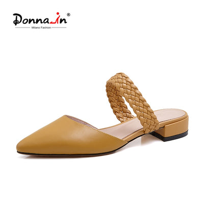 Donna-in Pointed Toe Women Mule 2020 Real Leather Weave Female Slippers Summer Sweet Low Heels Slides Beach Shoes Women Footwear