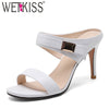 WETKISS High Heels Slippers Woman Buckle Open Toe Footwear Cow Leather Slides Shoes Female Mules Shoes Woman Summer 2019 New